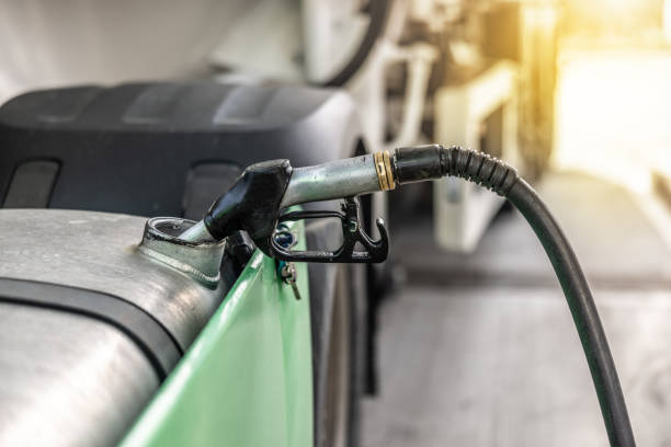 truck fueling. truck stop and gas station. diesel refuel truck and energy.